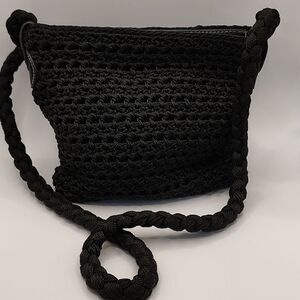 Luxy Black Crochet and Leather Shoulder Bag